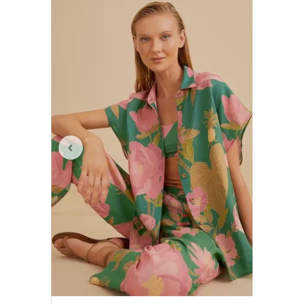 Farm Rio Green Wild Peonies Linen Pants Floral Pineapple Tassel Size L and top - Picture 12 of 16